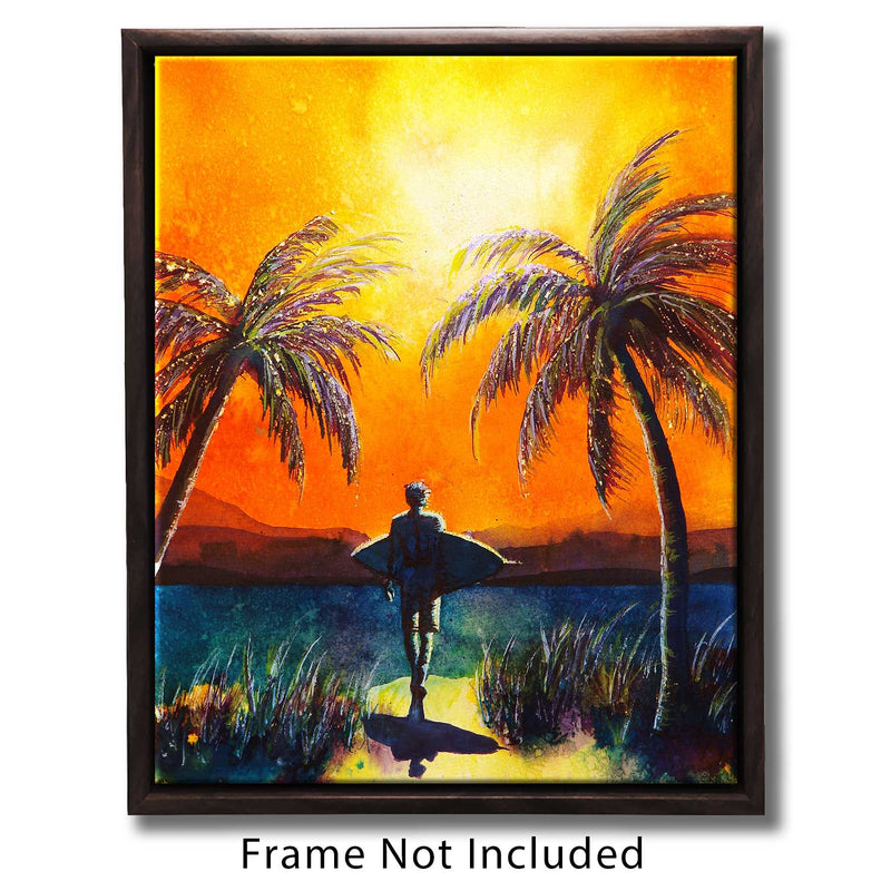 Framed canvas print of SoCal surfer heading to the beach against an orange and yellow sunset