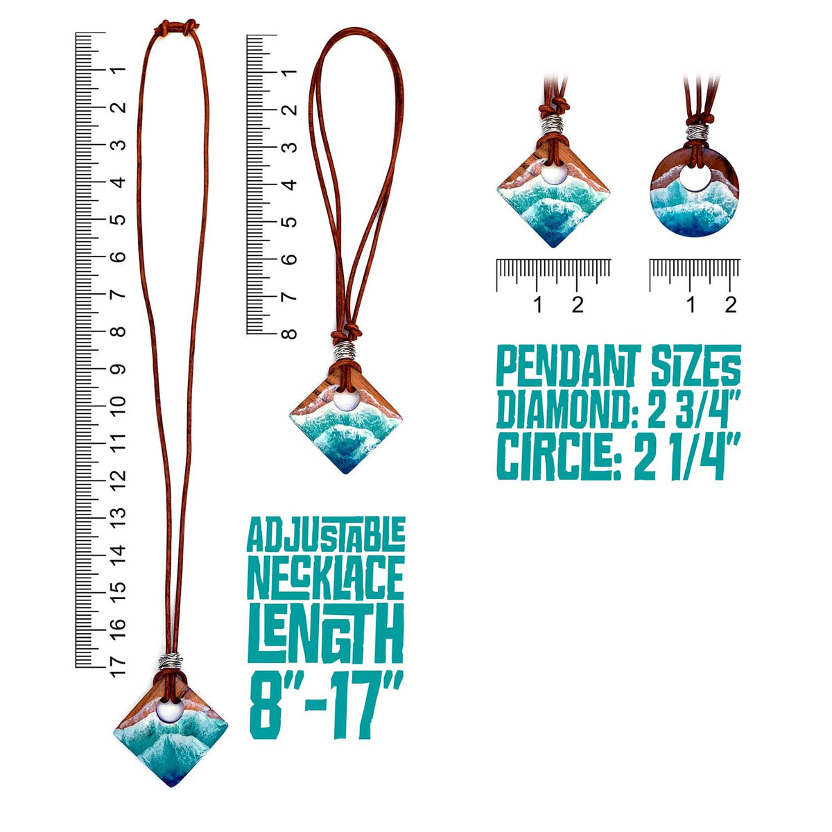 Unique handmade necklace with beads and adjustable leather cord. Showing various lengths for long beach jewelry.