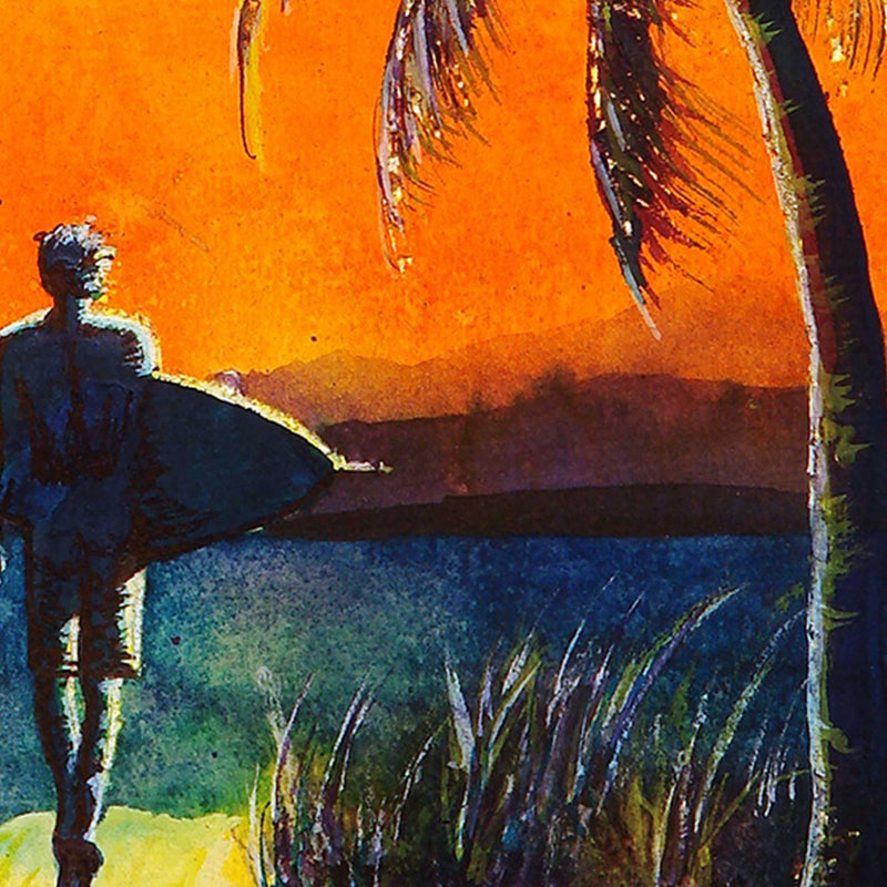 Surfer wall art of an orange Hawaiian sunset with waving palms and a surfer heading to the beach