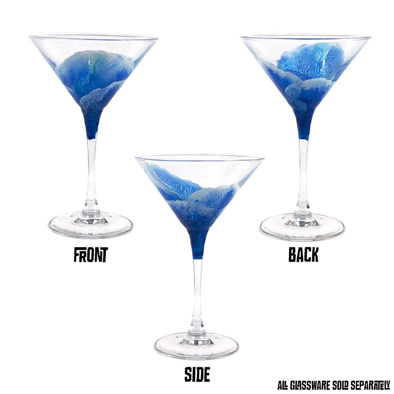 Three sides of modern martini glasses, showing unique blue ocean waves wrapping around the glass.