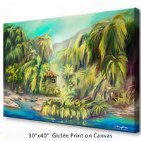 A 30"x40" giclée print on canvas on a white background of a Hawaiian Ti Leaf flower blooming surrounded by palm trees on a beautiful dreamscape of an island.