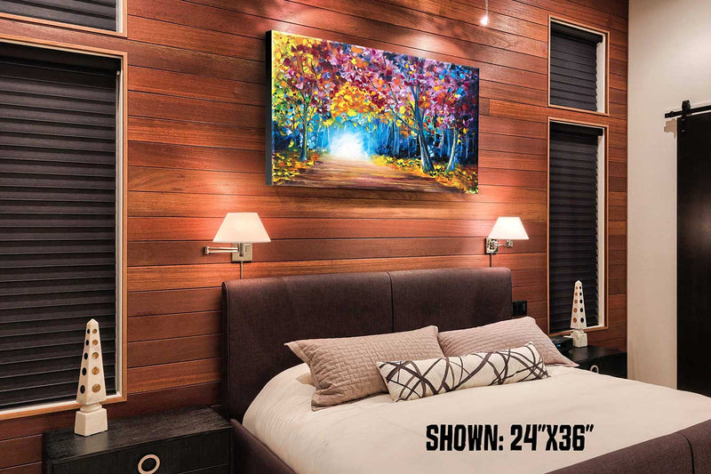 Large wall art idea of an original oil painting of a beautiful fall forest with colorful foliage. Shown as fall decor for bedroom.