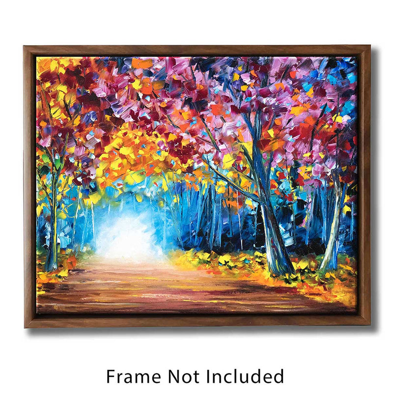 Framed nature wall art canvas showing a fall landscape painting of an autumn forest with a path through the trees.