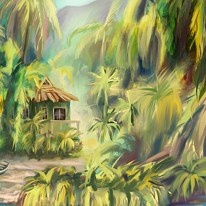 This is a closeup of a piece of tropical artwork, showing detailed brush strokes and texture.