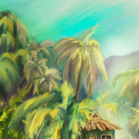 A detail photo of a piece of island artwork, showing detailed brush strokes and texture.