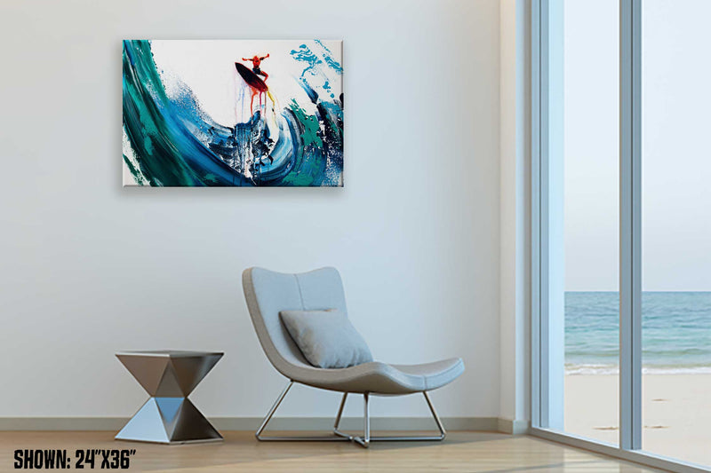 Beach house décor of California surfer flying above a curling blue and green wave