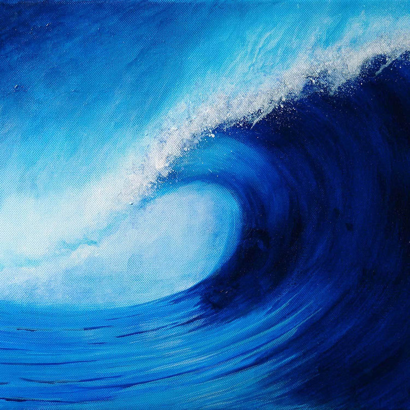 Acrylic painting of deep blue wave curling against a blue sky with trailing white foam