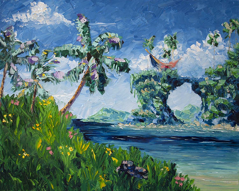 Oil Painting of Tropical Island with Palm Trees and Flowers