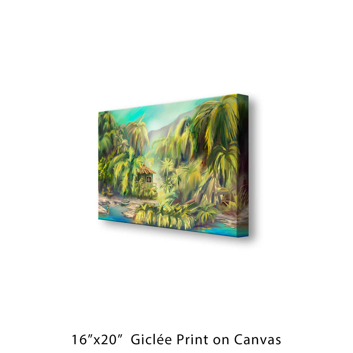 A 16"x20" giclée print on canvas on a white background of a lush island oasis with a private beach and lagoon.