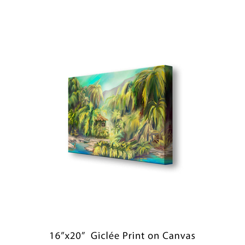 A 16"x20" giclée print on canvas on a white background of a lush island oasis with a private beach and lagoon.