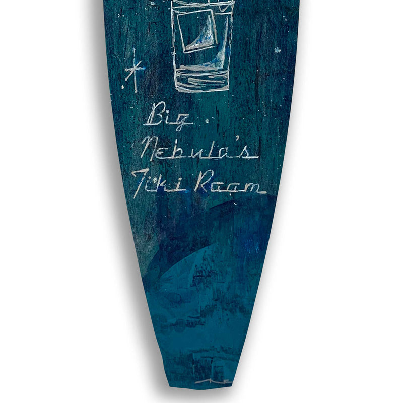 A blue surfboard hand painted with a space theme including planets and a mai-tai
