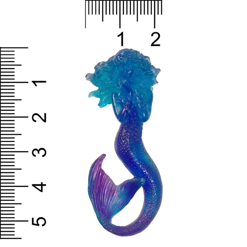 Blue and purple translucent resin mermaid ornament for mermaid bedroom decor. Shown with size scale.