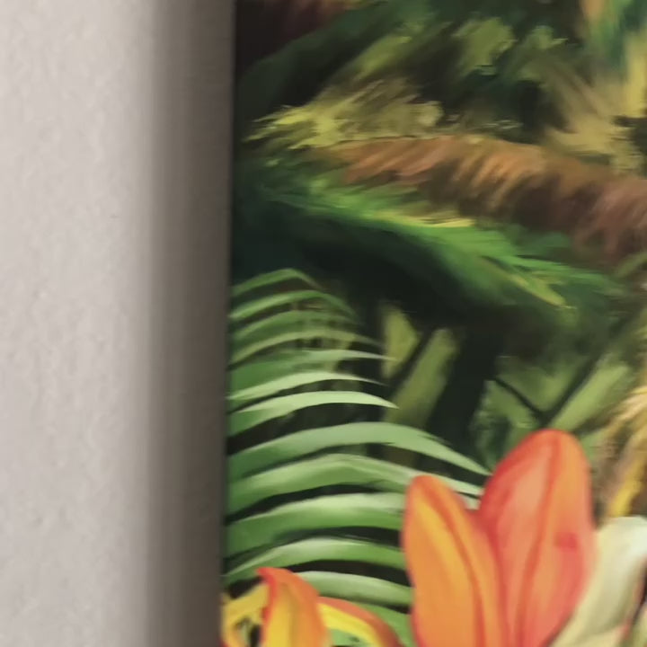 A product feature video of a 30"x40" canvas print of a dream-like tropical island and a little surf shack right on the beach.
