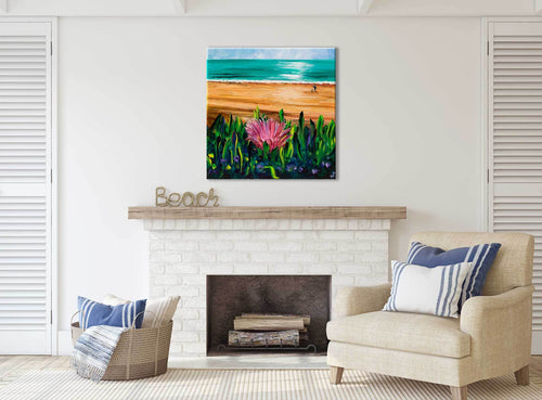 Beach Landscape Painting with Turquoise Ocean as Wall Art above Fireplace