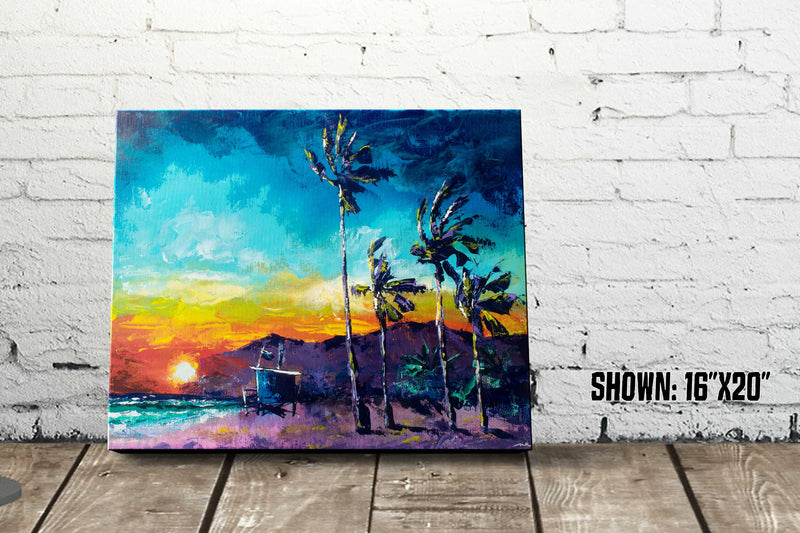 California coast art of painted sunset over a SoCal surfing beach with palms and lifeguard tower