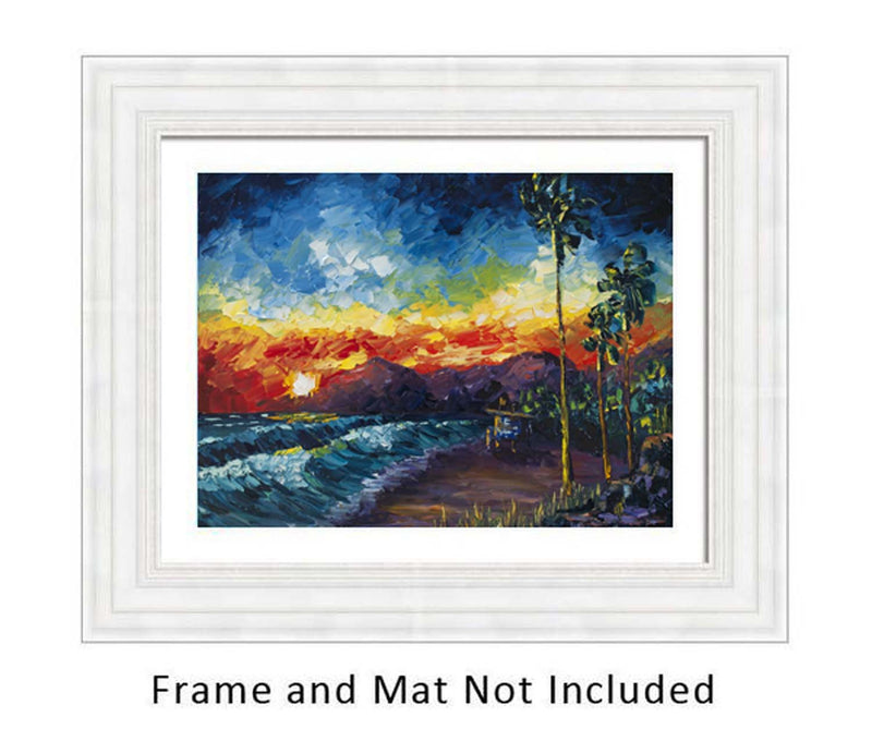 Original Oil Painting of Coastal Art with Lifeguard Station on Beach at Sunset