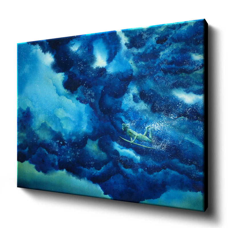 Canvas art print of watercolor wave painting with surfer diving beneath rolling blue wave