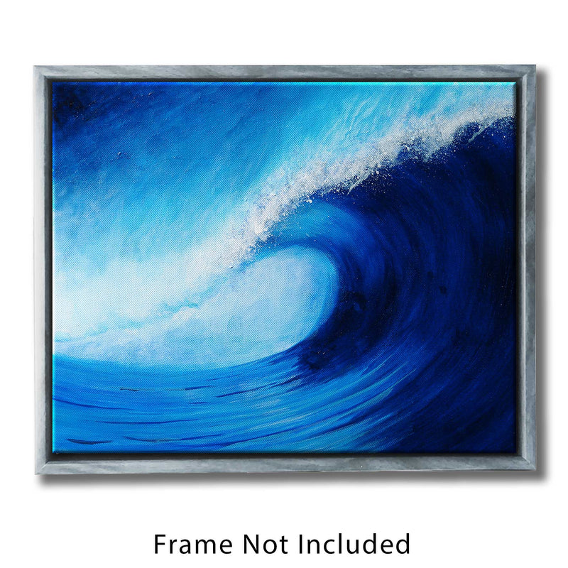 Framed California coastal art of curling blue surfing wave on a sunny day against a blue sky