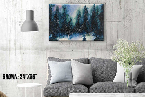 Winter solstice artwork of snowy forest with dark evergreens against a pale winter sky with aurora borealis highlights.