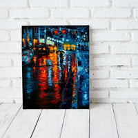 Urban wall décor of rainy New York City street in trendy minimalist loft