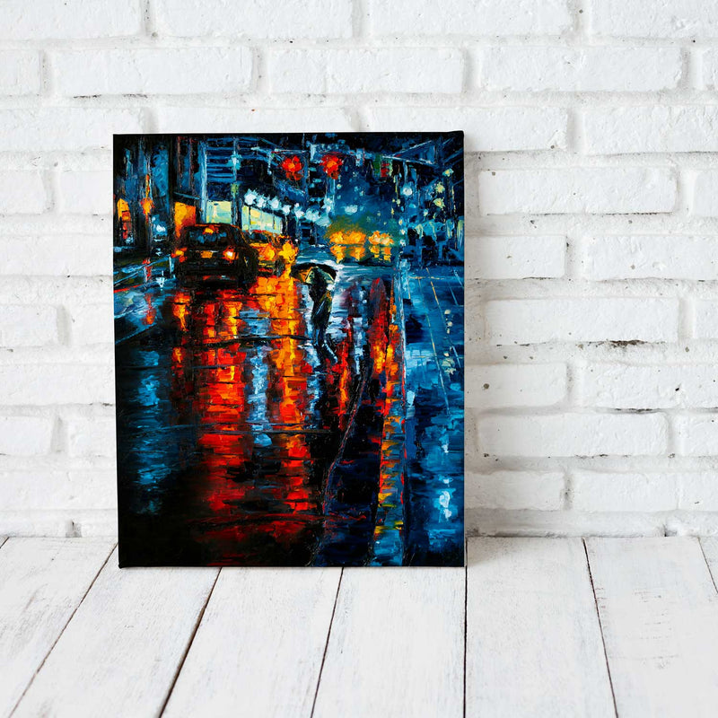 Urban wall décor of rainy New York City street in trendy minimalist loft