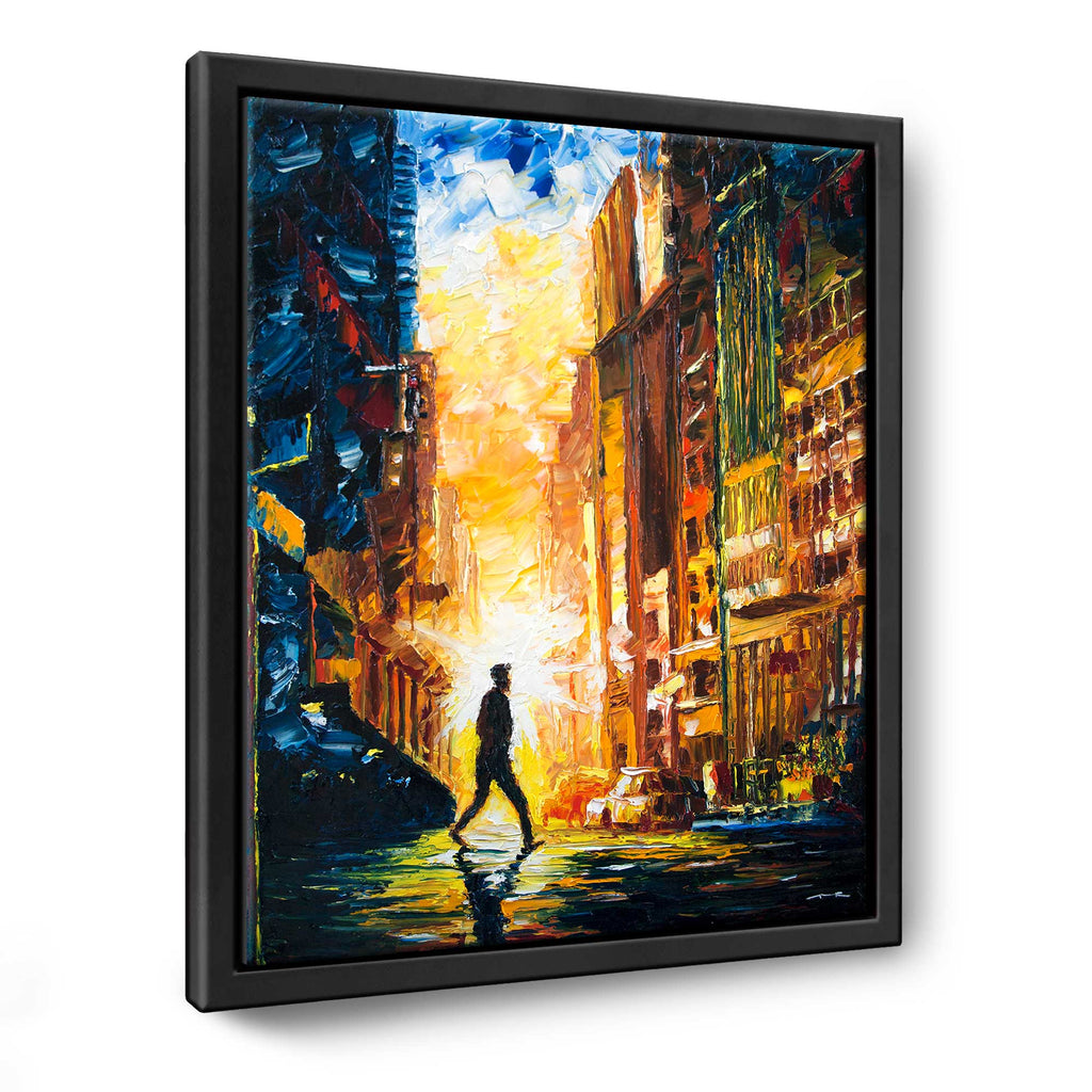 Large wall art of New York City street with gold sunset highlights