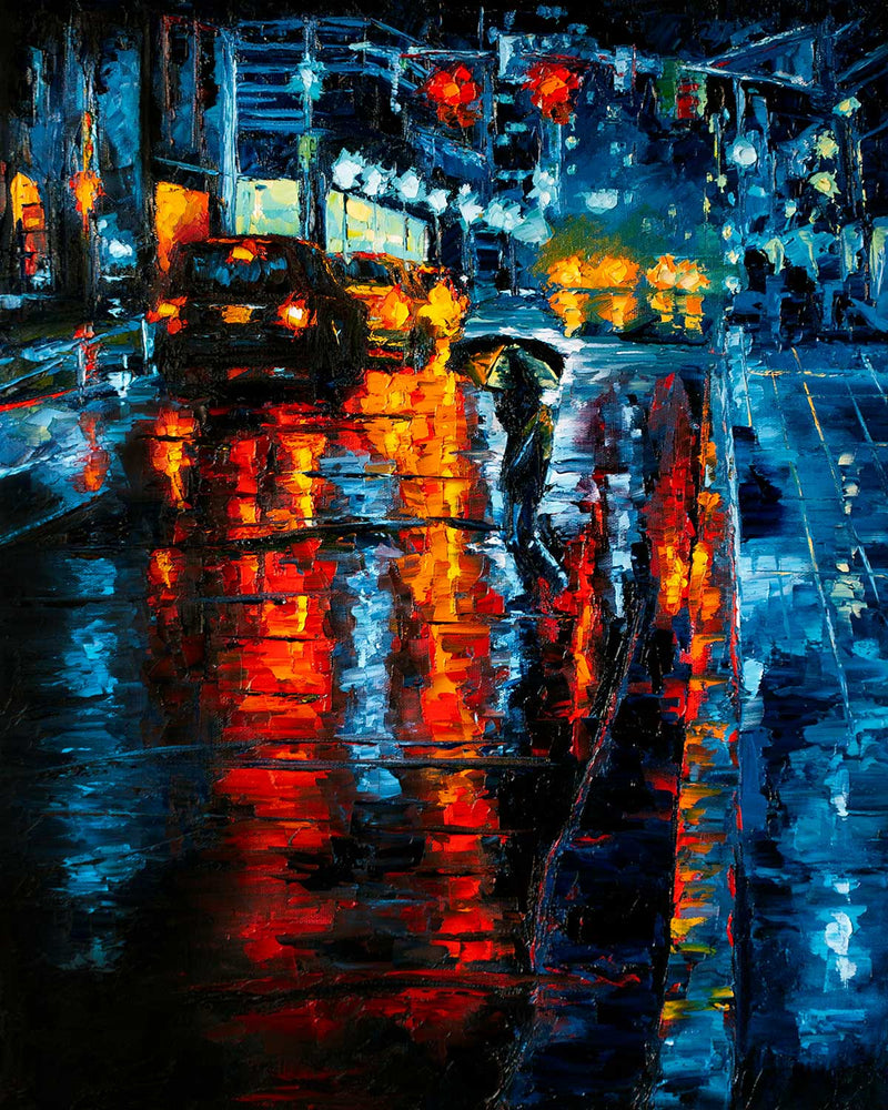 Original oil painting of New York City street in the rain with blue and orange reflected lights