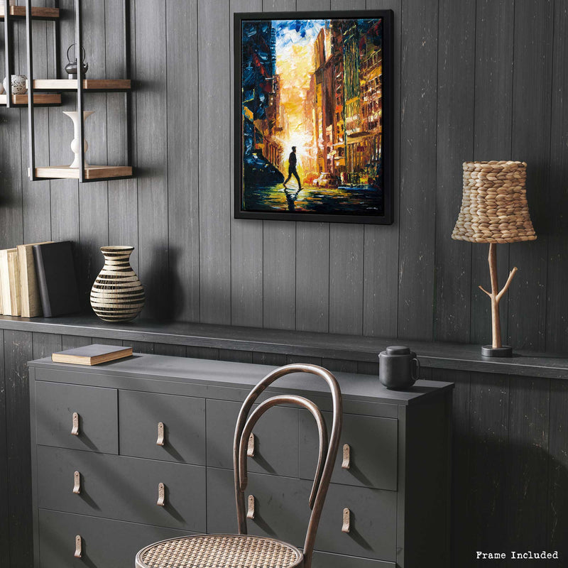 NYC wall art of man walking against yellow and blue cityscape hanging in a stylish grey room