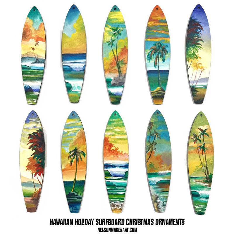 Set of ten surfboard Christmas ornaments painted with tropical Hawaiian landscapes in bright colors.