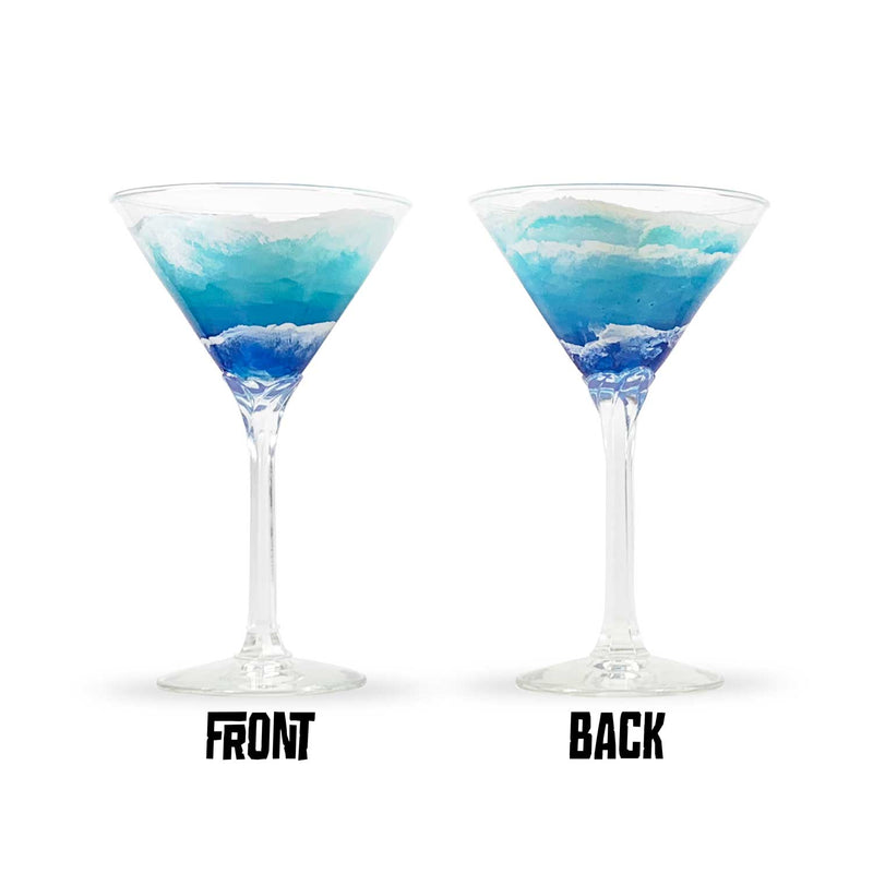 Pair of nautical themed martini glasses with hand-painted ocean waves washing around the glass. Perfect beach house decor.