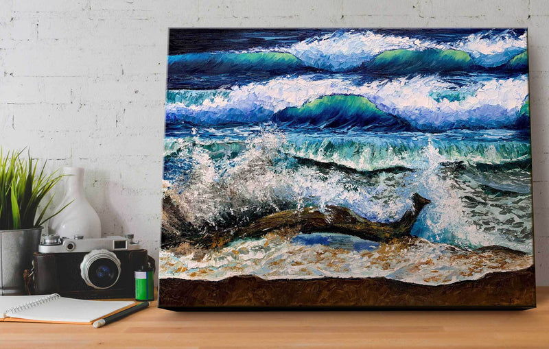 Original Beach Landscape Painting of Blue Ocean with Palette Knife