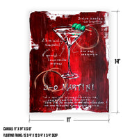Cocktail Wall Art of a martini with a recipe and details on a red background and showing the size of the art