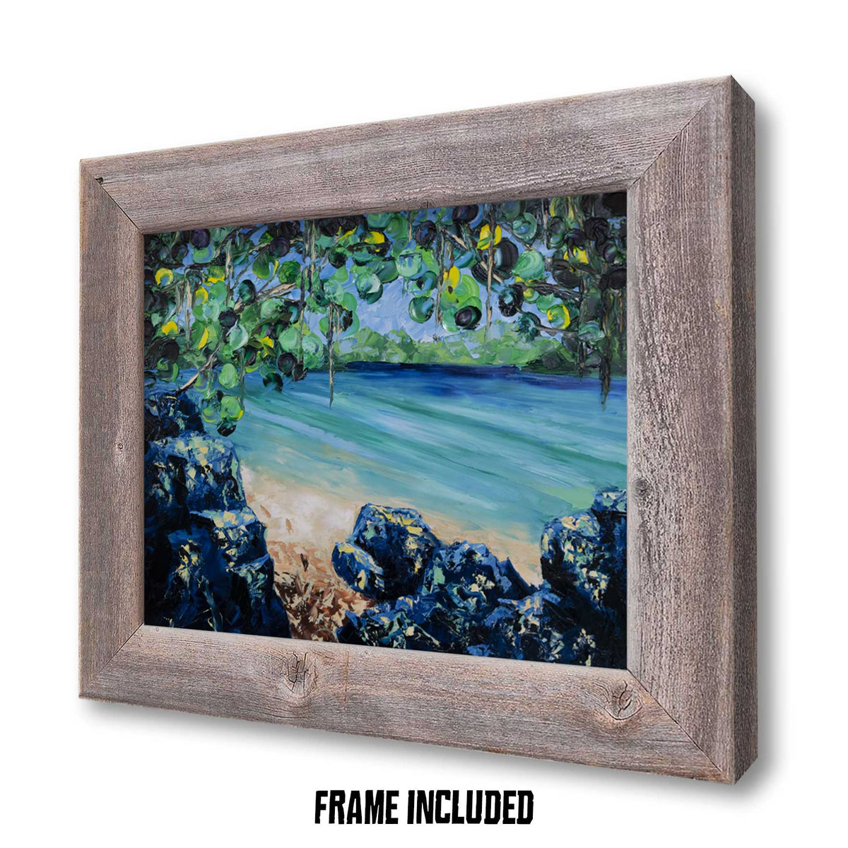 Original tropical oil painting in a rustic wood frame. Day Dreaming Vol. 2 by Nelson Ruger.