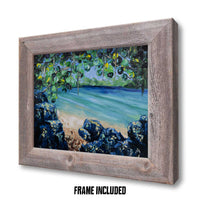 Original tropical oil painting in a rustic wood frame. Day Dreaming Vol. 2 by Nelson Ruger.
