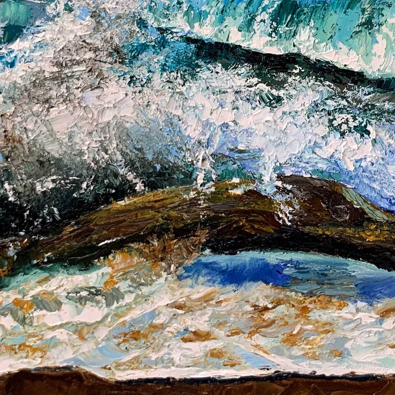 Oil on Canvas Painting of Beach Landscape with Foamy Waves