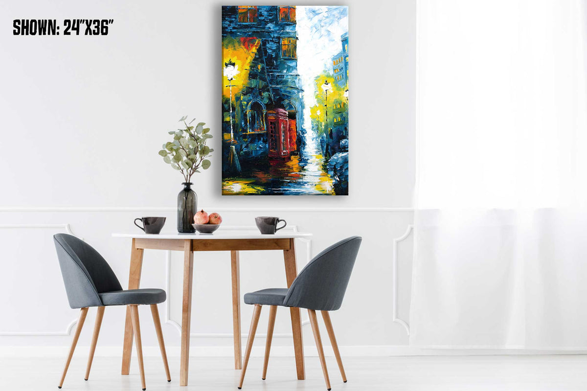 Extra large wall art of London street with a red phone box against a rainy blue skyline in a modern white room