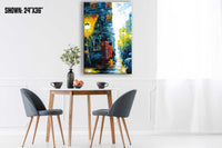 Extra large wall art of London street with a red phone box against a rainy blue skyline in a modern white room