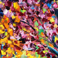 Close detail of original oil painting for sale. Vibrant fall foliage painted with a palette knife and oil paint on canvas.