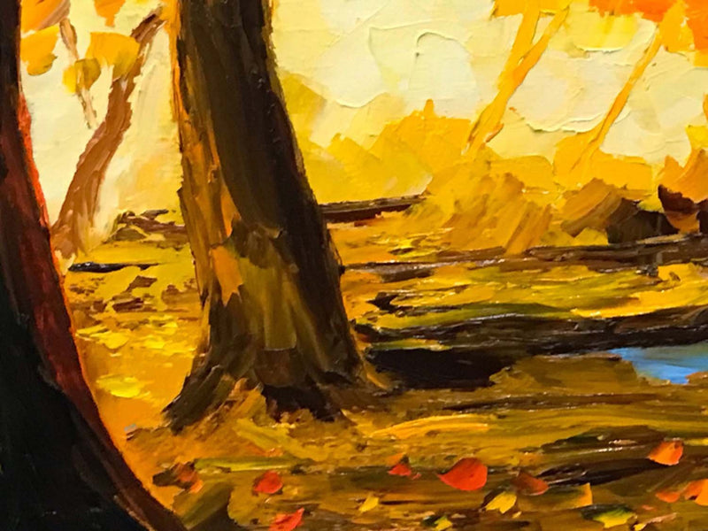 Original oil painting of fiery fall leaves against a blue sky. One of a kind fall decor for living room.