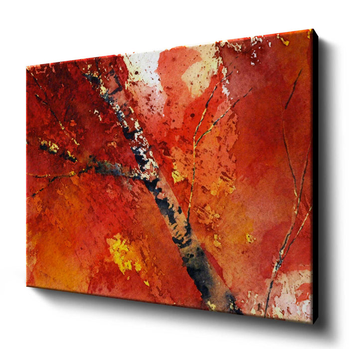 Vibrant fall leaves art canvas with red watercolor leaves and pale branches. Colorful mountain wall decor for fall decorating.