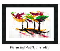 Framed original acrylic painting of fall forest with colorful abstract trees on a white canvas