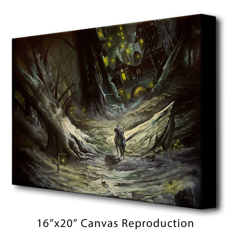 Canvas Print of the Headless Horseman riding through a haunted forest on a white background