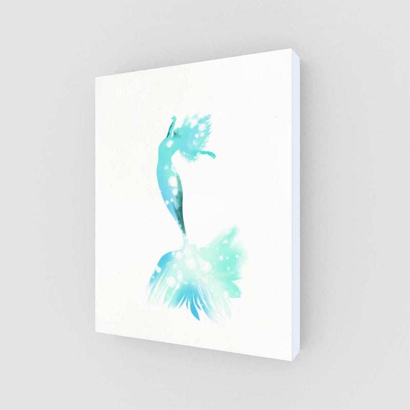 Minimalist art print of zen turquoise mermaid floating against a pure white background. Her body is shaped of blue and green flowing highlights and shadows.
