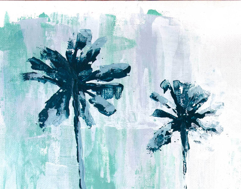 Minimalist beach house décor of palm tree silhouettes painted on gray zen background