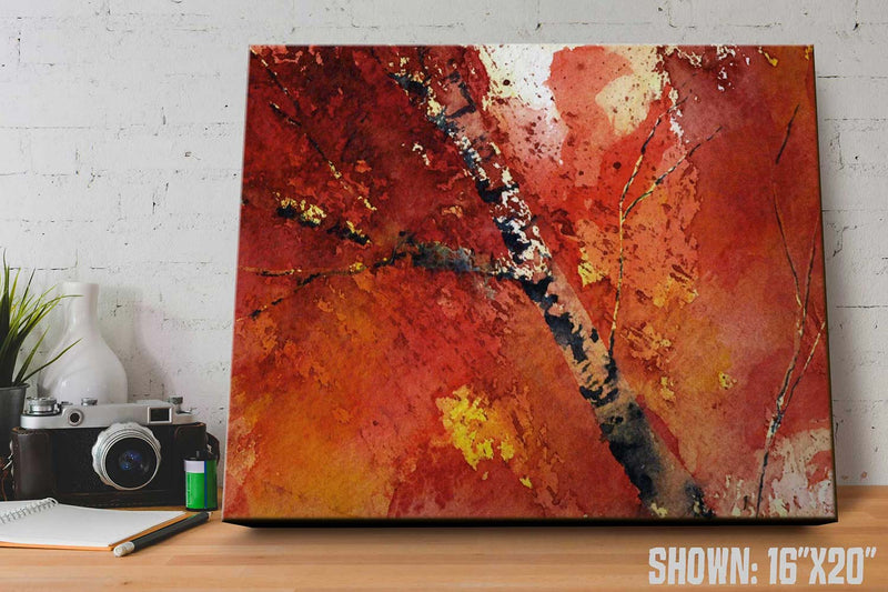 Large nature wall art print with abstract red and orange fall foliage design. Shown as stylish idea for fall decor for home.