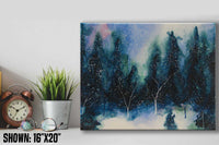 Winter canvas wall art of the aurora borealis glowing above a snowy forest clearing. Mountain lodge decor.