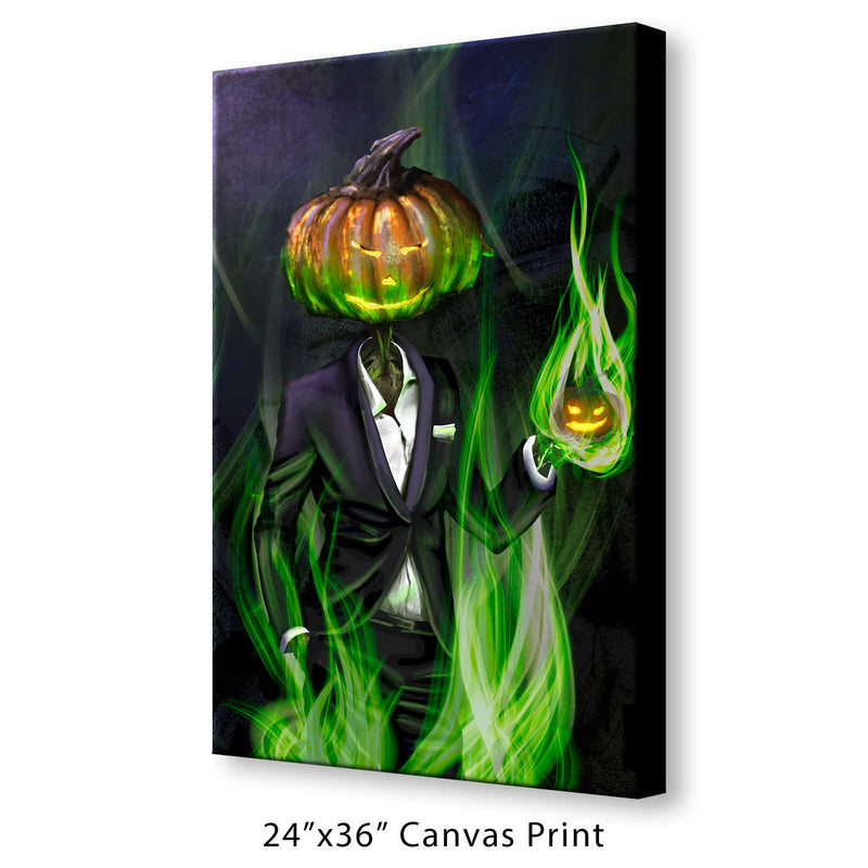 A 24" by 36" canvas print of a Pumpkinhead Man wearing a tuxedo and holiding a mini-jack o'lantern in his hand. Both pumpkins glow from the inside with a strange orange light. Green, magical fire swirls around them.