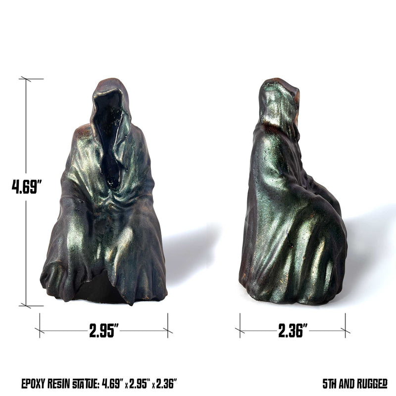 A photo of a resin art figurine depicting the front and side with the dimensions depicted as 4.69” x 2.95“ x 2.36”.