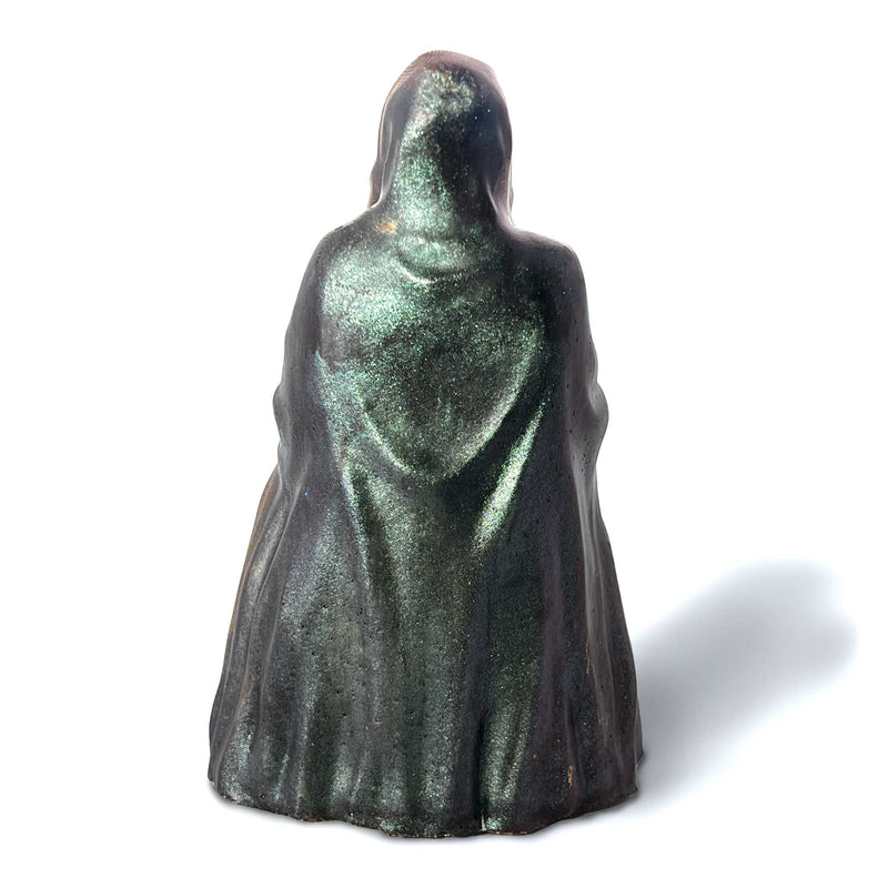 A Grim Reaper figurine's back side.  The Reaper's robes are painted with color shifting paint and dry brushed with a metallic gold paint.