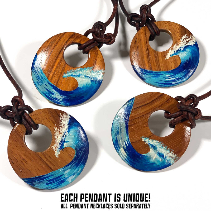 Four circular wood pendant necklaces with leather cords, featuring a bright blue wave of the sea